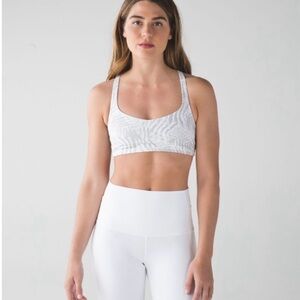 Lululemon Free to Be Bra Wild in a white and grey patterned design.